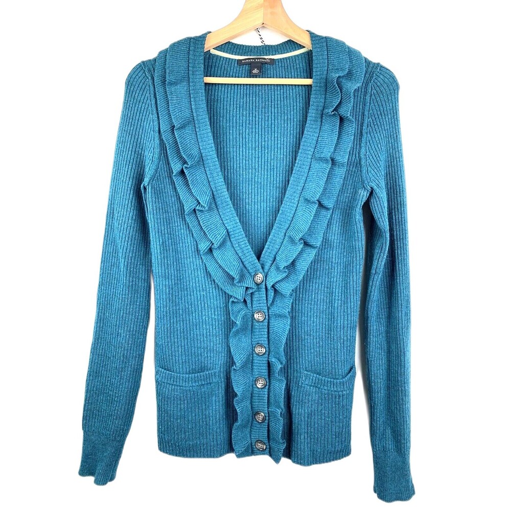 Banana Republic Womens Merino Wool Ruffled Size Medium Blue Teal Cardigan